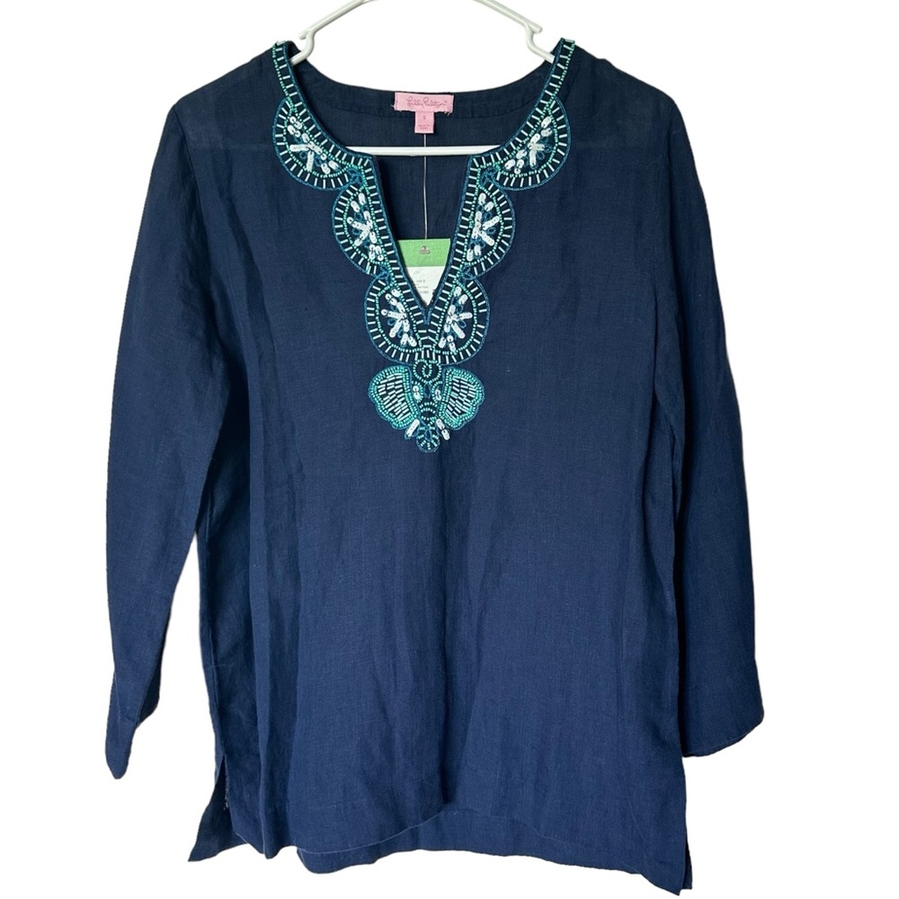 NEW Lilly Pulitzer Amelia Island Tunic Top Linen Beaded Navy Blue Small